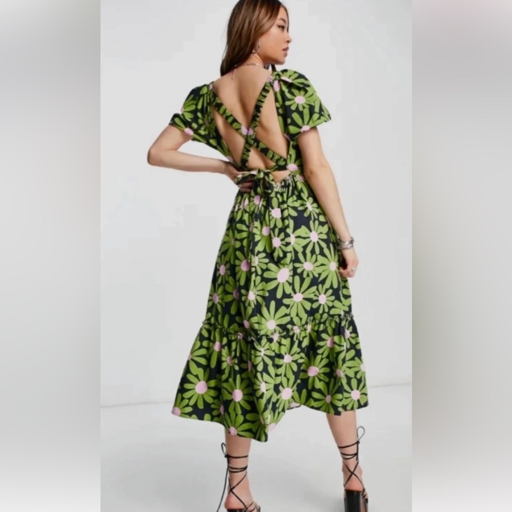 TopShop Midi Dress Floral Off Shoulder Open Back